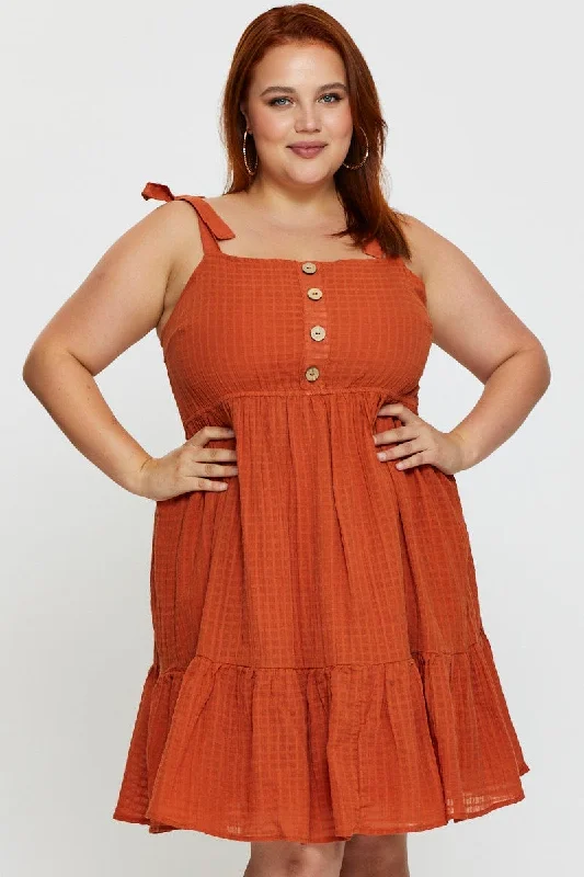 Orange Skater Dress Square Neck Sleeveless Tie