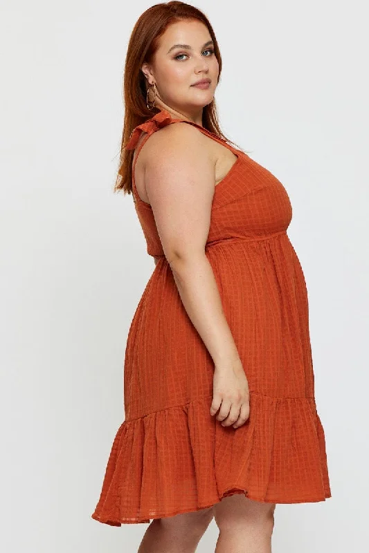 Orange Skater Dress Square Neck Sleeveless Tie