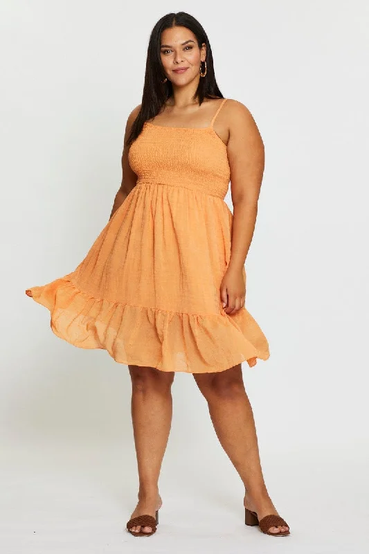 Orange Skater Dress Square Neck Sleeveless Tie