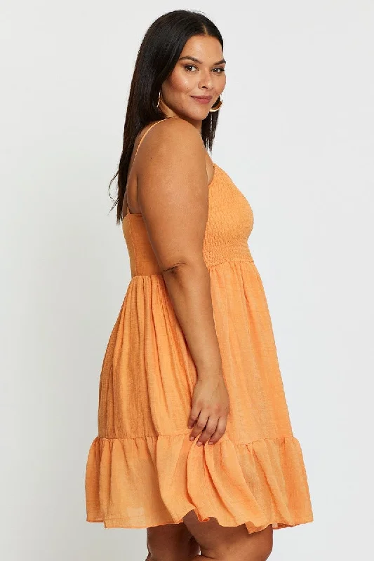 Orange Skater Dress Square Neck Sleeveless Tie