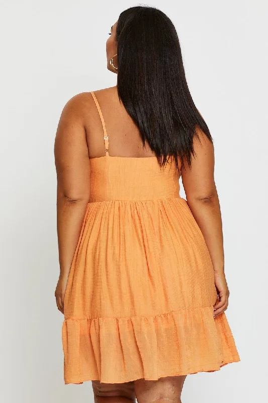 Orange Skater Dress Square Neck Sleeveless Tie