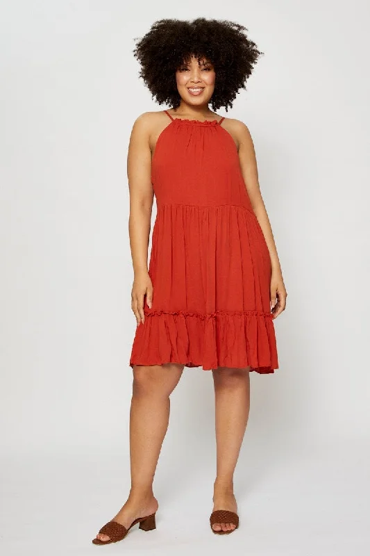 Orange Smock Dress Halter Sleeveless Ruffle