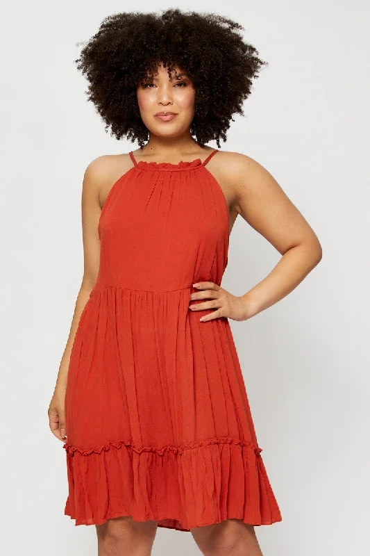 Orange Smock Dress Halter Sleeveless Ruffle