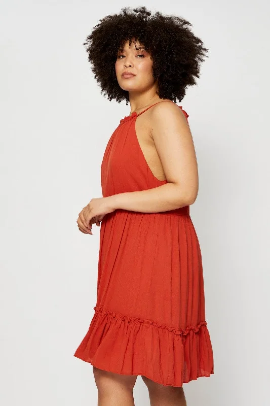 Orange Smock Dress Halter Sleeveless Ruffle