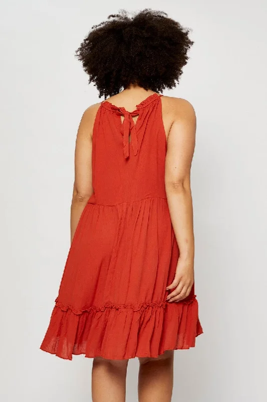 Orange Smock Dress Halter Sleeveless Ruffle