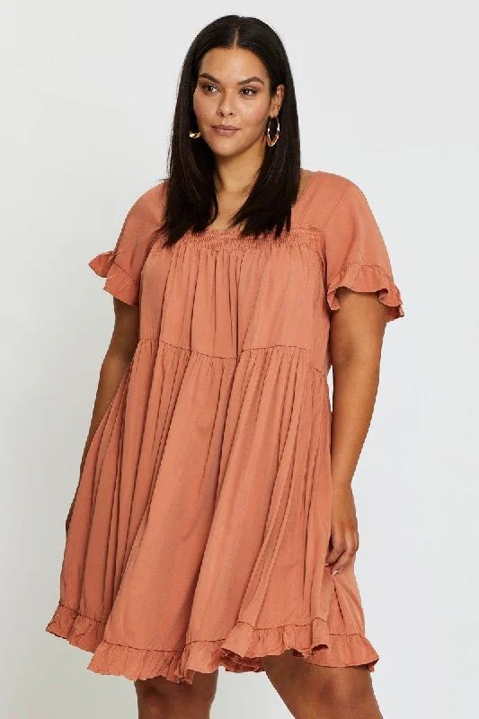 Orange Smock Dress Square Neck Short Sleeve Ruffle