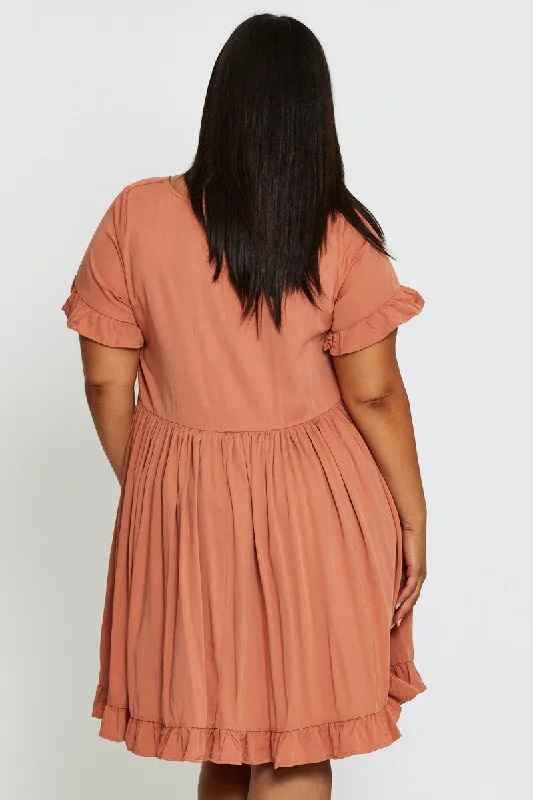 Orange Smock Dress Square Neck Short Sleeve Ruffle