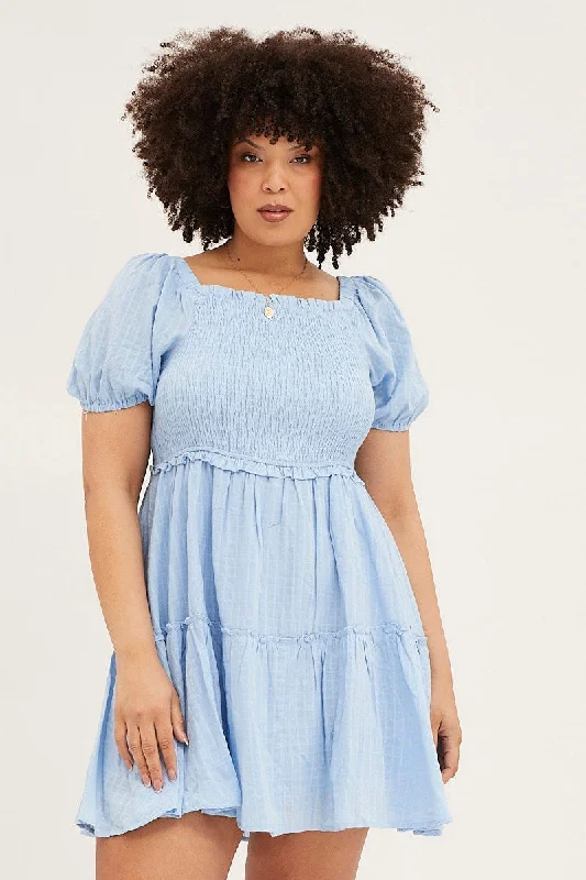 Pale Blue Skater Dress Square Neck Short Sleeve Tie