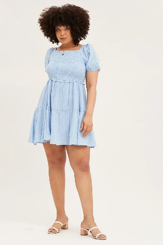 Pale Blue Skater Dress Square Neck Short Sleeve Tie