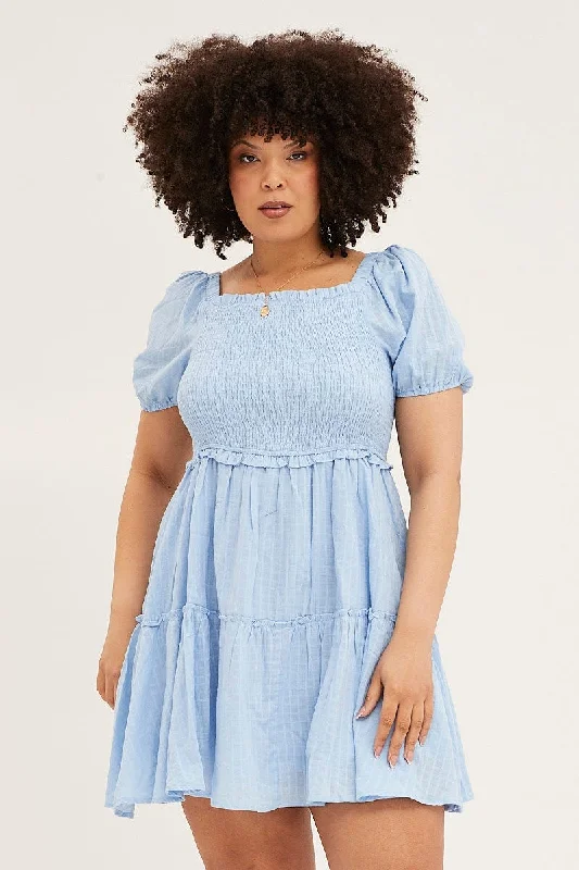 Pale Blue Skater Dress Square Neck Short Sleeve Tie