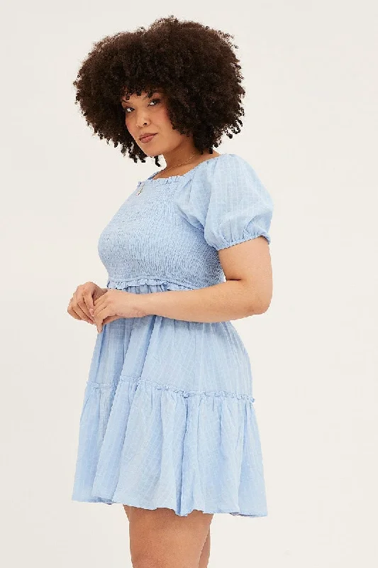 Pale Blue Skater Dress Square Neck Short Sleeve Tie