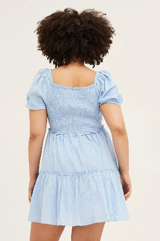 Pale Blue Skater Dress Square Neck Short Sleeve Tie