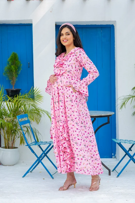 Peony Pink Blush Maternity & Nursing Frill Dress