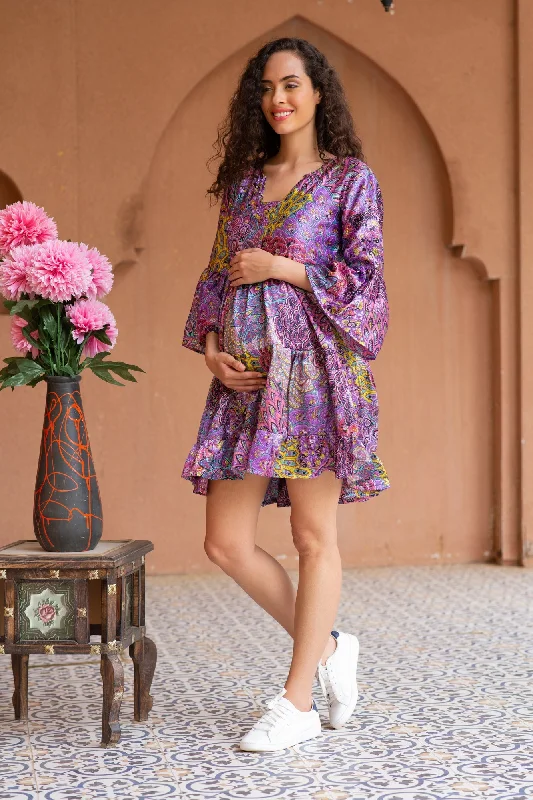 Peppy Floral Plum Satin Maternity Knee Dress