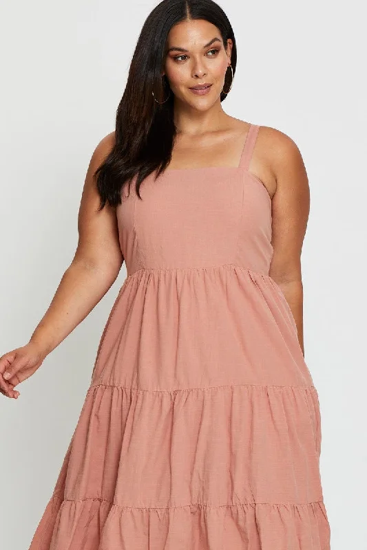 Pink Midi Dress Square Neck Sleeveless