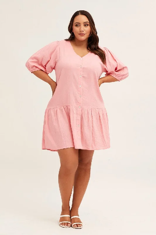 Pink Short Sleeve Pink Drop Hem Dress