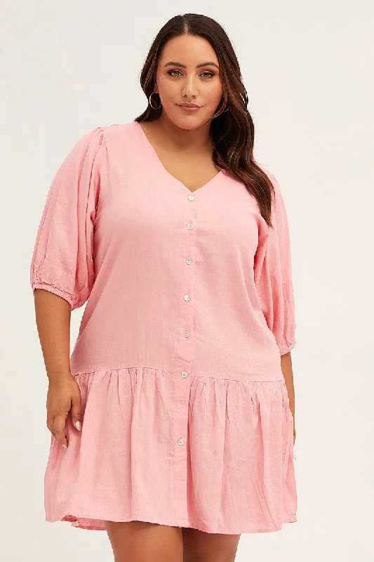 Pink Short Sleeve Pink Drop Hem Dress