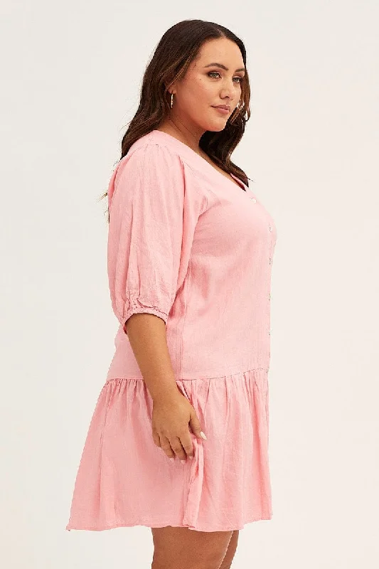 Pink Short Sleeve Pink Drop Hem Dress