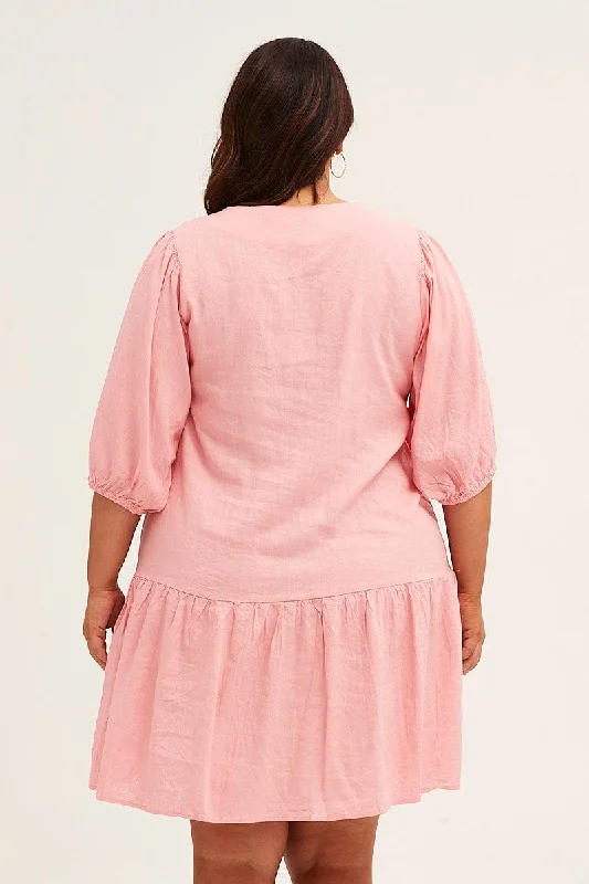 Pink Short Sleeve Pink Drop Hem Dress