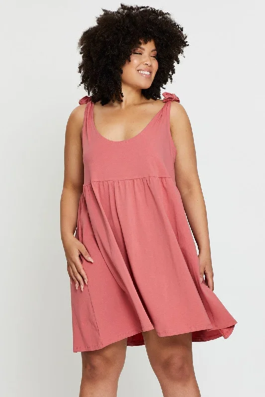 Pink Smock Dress Scoop Neck Sleeveless Tie