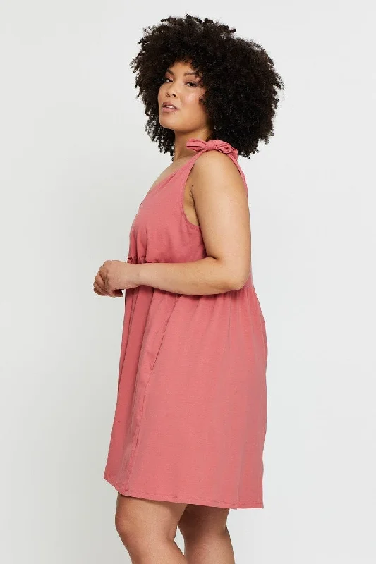 Pink Smock Dress Scoop Neck Sleeveless Tie