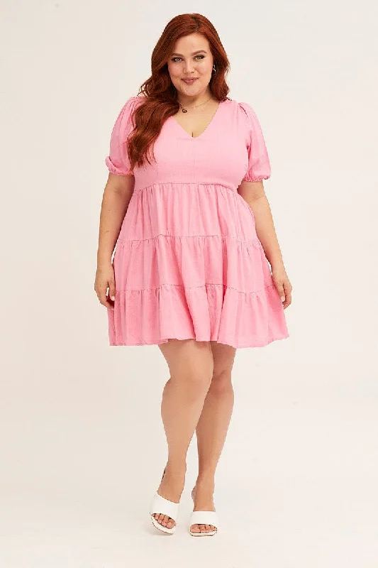 Pink V-neck Puff Sleeve Tiered Mini Dress