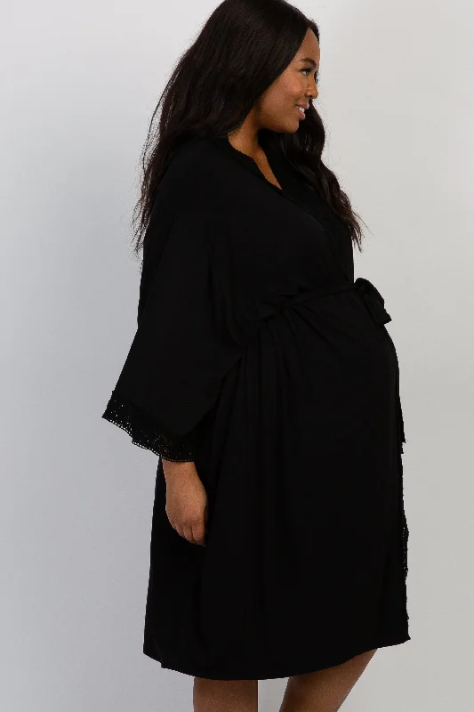 PinkBlush Black Crochet Trim Plus Delivery/Nursing Maternity Robe