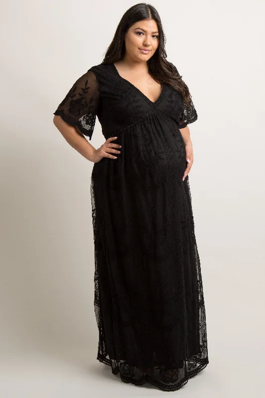 PinkBlush Black Lace Mesh Overlay Maternity Plus Maxi Dress