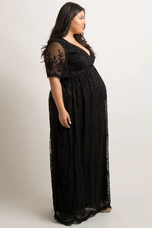 PinkBlush Black Lace Mesh Overlay Maternity Plus Maxi Dress