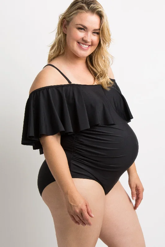 PinkBlush Black Ruffle Trim Ruched One-Piece Maternity Plus Swimsuit