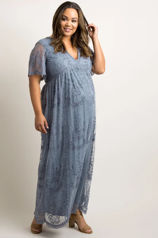 PinkBlush Blue Lace Mesh Overlay Plus Maternity Maxi Dress