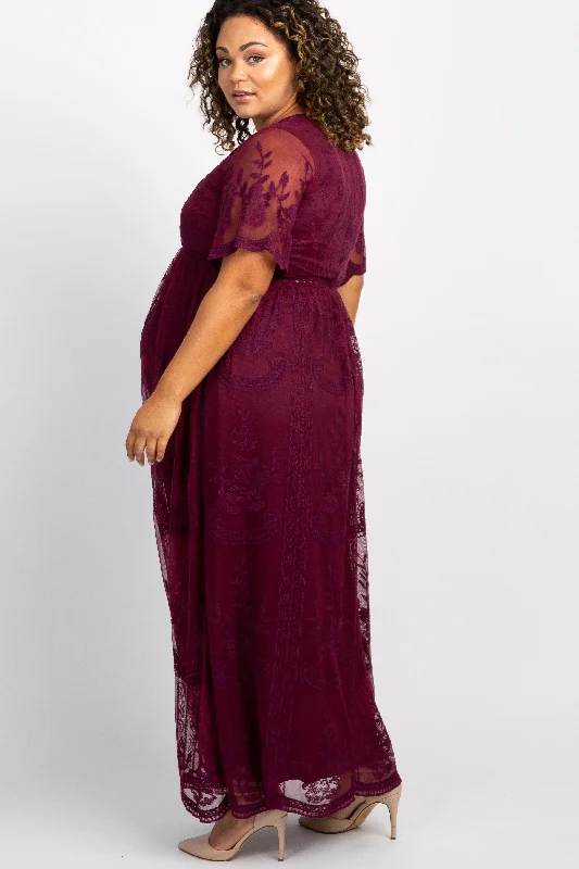 PinkBlush Burgundy Lace Mesh Overlay Plus Maternity Maxi Dress