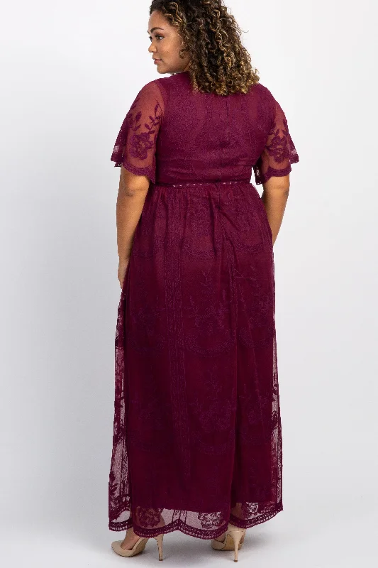 PinkBlush Burgundy Lace Mesh Overlay Plus Maternity Maxi Dress