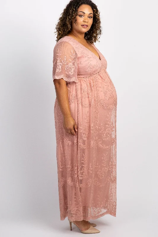 PinkBlush Light Pink Lace Mesh Overlay Plus Maternity Maxi Dress