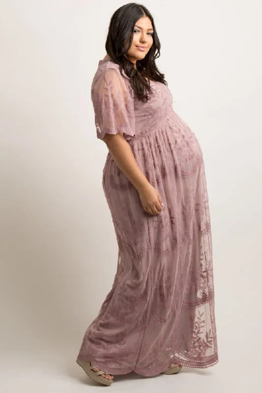 PinkBlush Mauve Lace Mesh Overlay Plus Maternity Maxi Dress