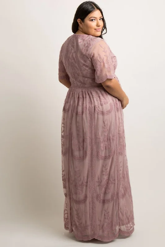 PinkBlush Mauve Lace Mesh Overlay Plus Maternity Maxi Dress