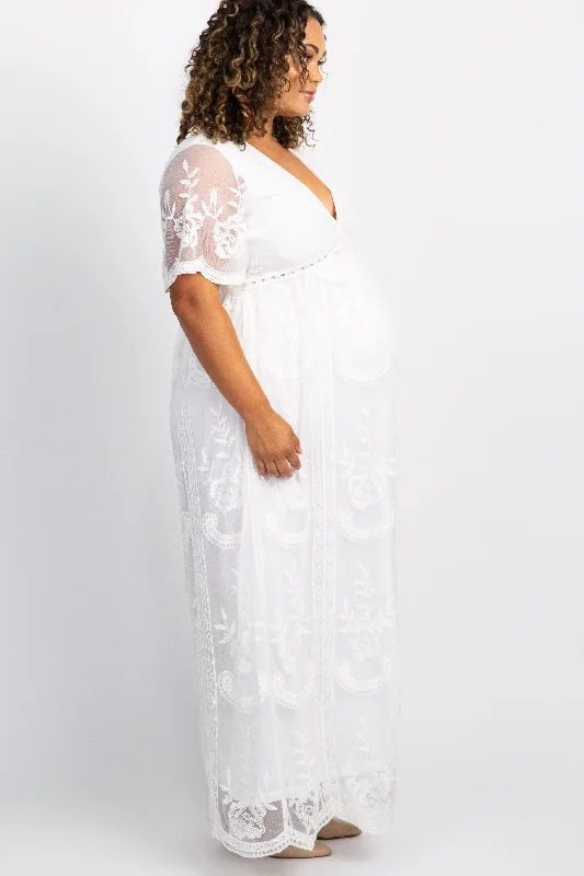 PinkBlush White Lace Mesh Overlay Plus Maternity Maxi Dress