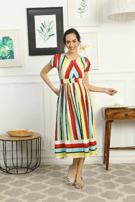 Retro Colorful Stripe Maternity & Nursing Dress