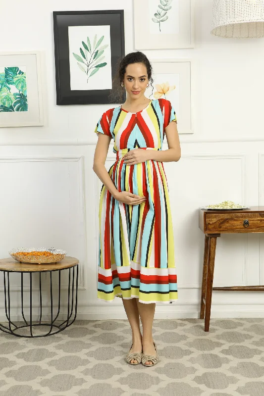 Retro Colorful Stripe Maternity & Nursing Dress