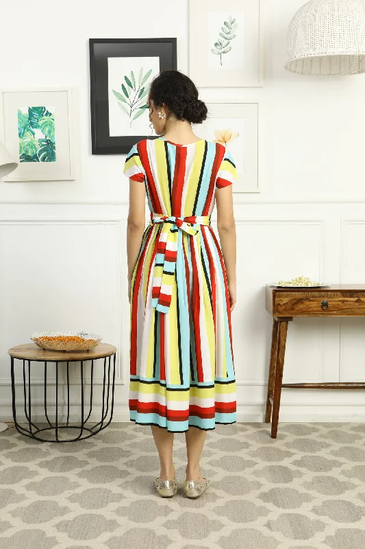 Retro Colorful Stripe Maternity & Nursing Dress