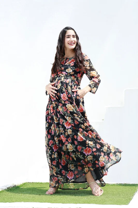 Serene Flower Pop Noir Chiffon Maternity Knot Dress