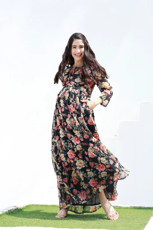 Serene Flower Pop Noir Chiffon Maternity Knot Dress