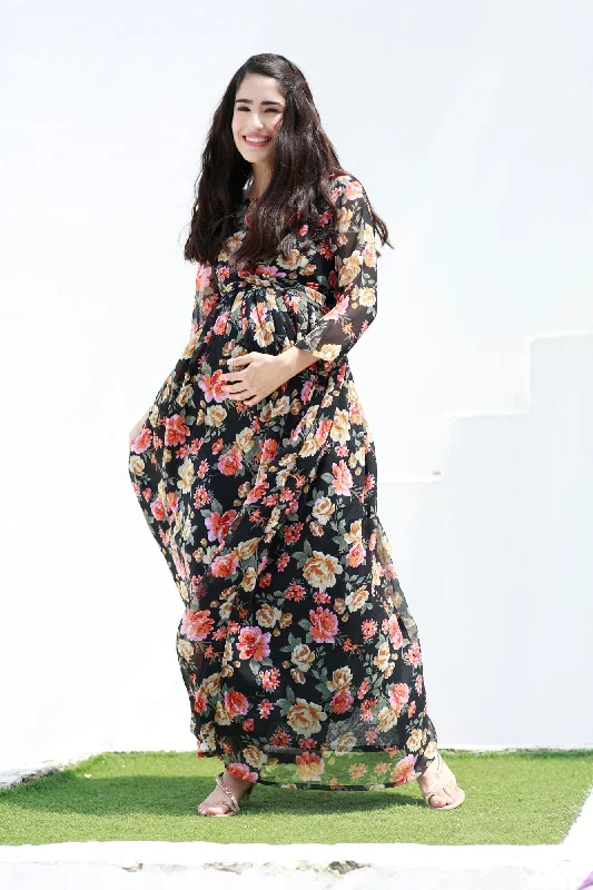 Serene Flower Pop Noir Chiffon Maternity Knot Dress