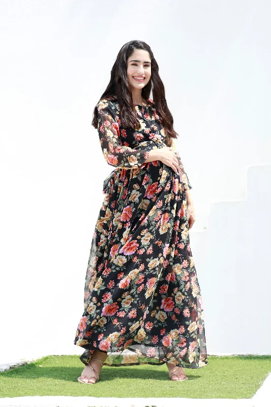 Serene Flower Pop Noir Chiffon Maternity Knot Dress