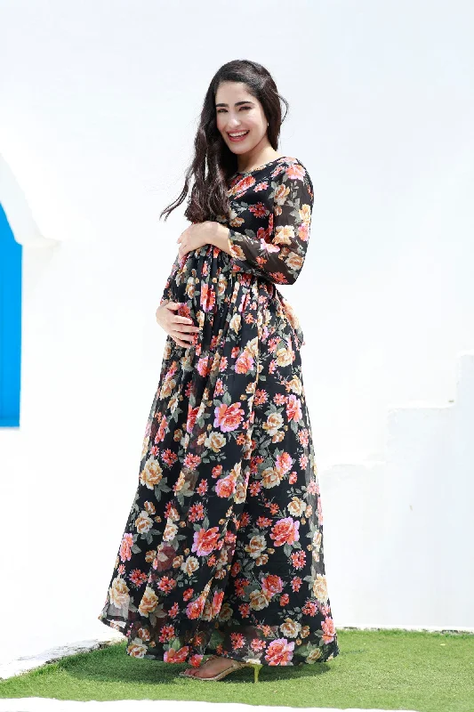 Serene Flower Pop Noir Chiffon Maternity Knot Dress