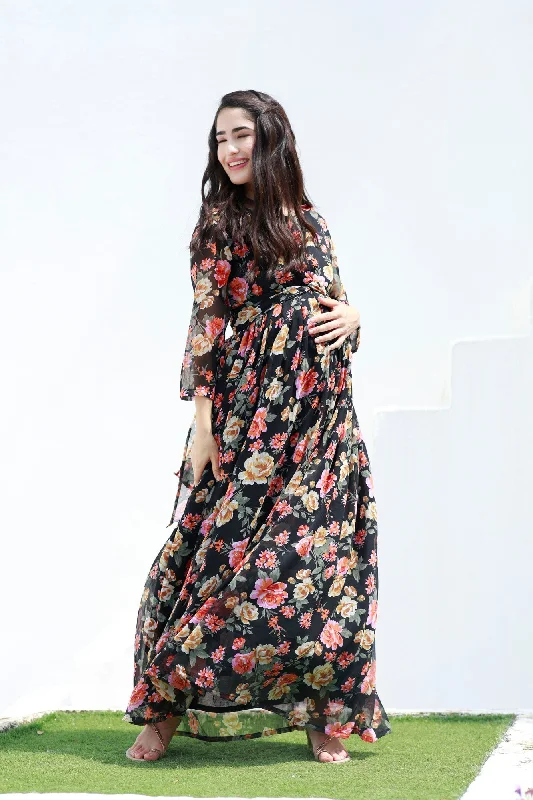 Serene Flower Pop Noir Chiffon Maternity Knot Dress