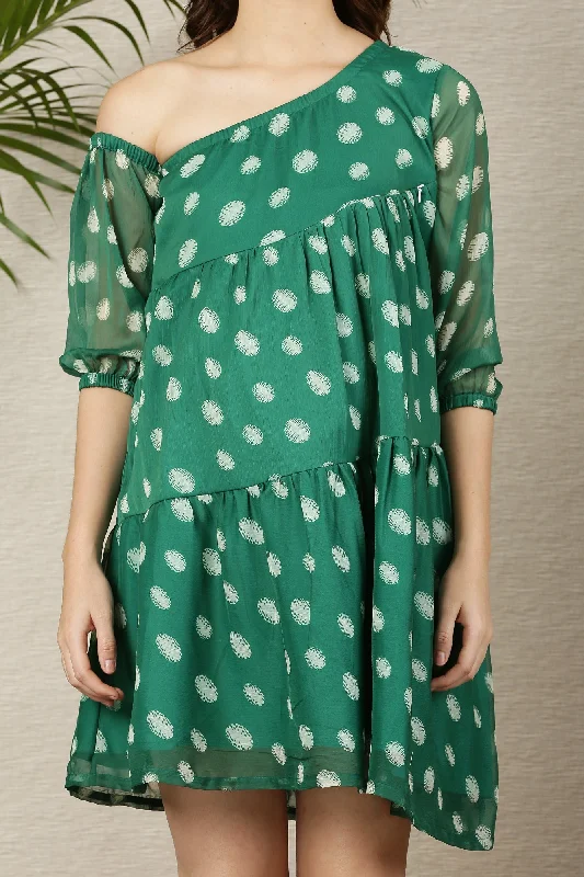 Splendid Emerald Polka Maternity & Nursing One Shoulder Knee Dress