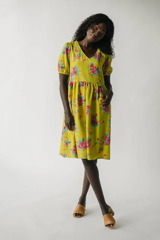 The Antonio Bubble Sleeve Midi Dress in Mustard Floral