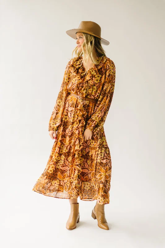 The Brunatti V-Neck Ruffle Dress in Apricot Floral