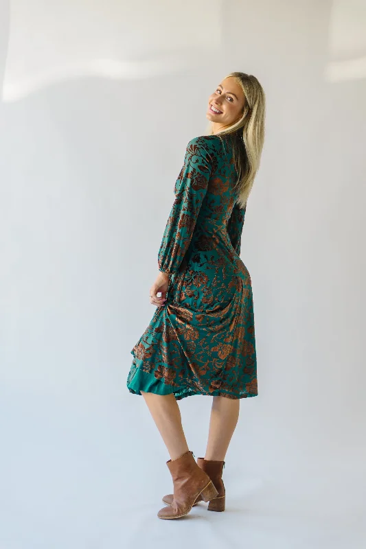 The Delta Velvet Floral Midi Dress in Green Multi